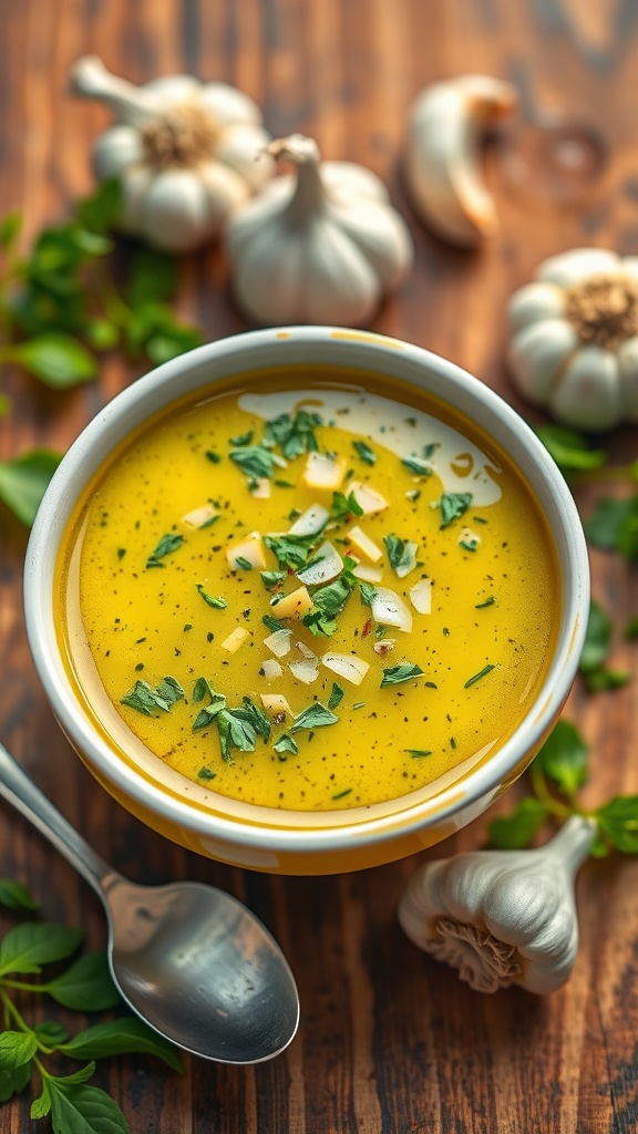 A bowl of garlic herb sauce with fresh herbs and garlic, garnished with parsley, on a rustic table.